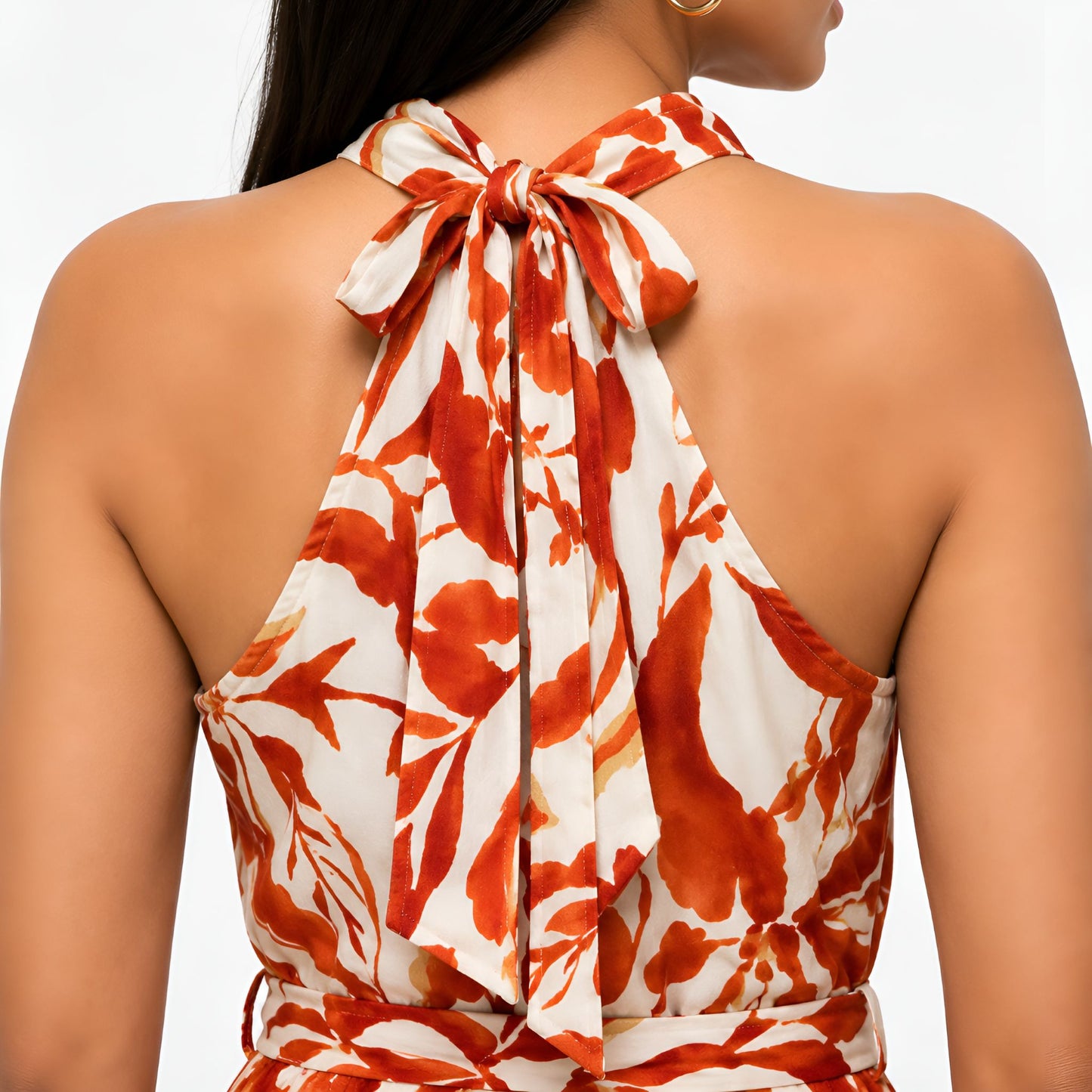 Orange Floral Halter Neck Maxi Dress