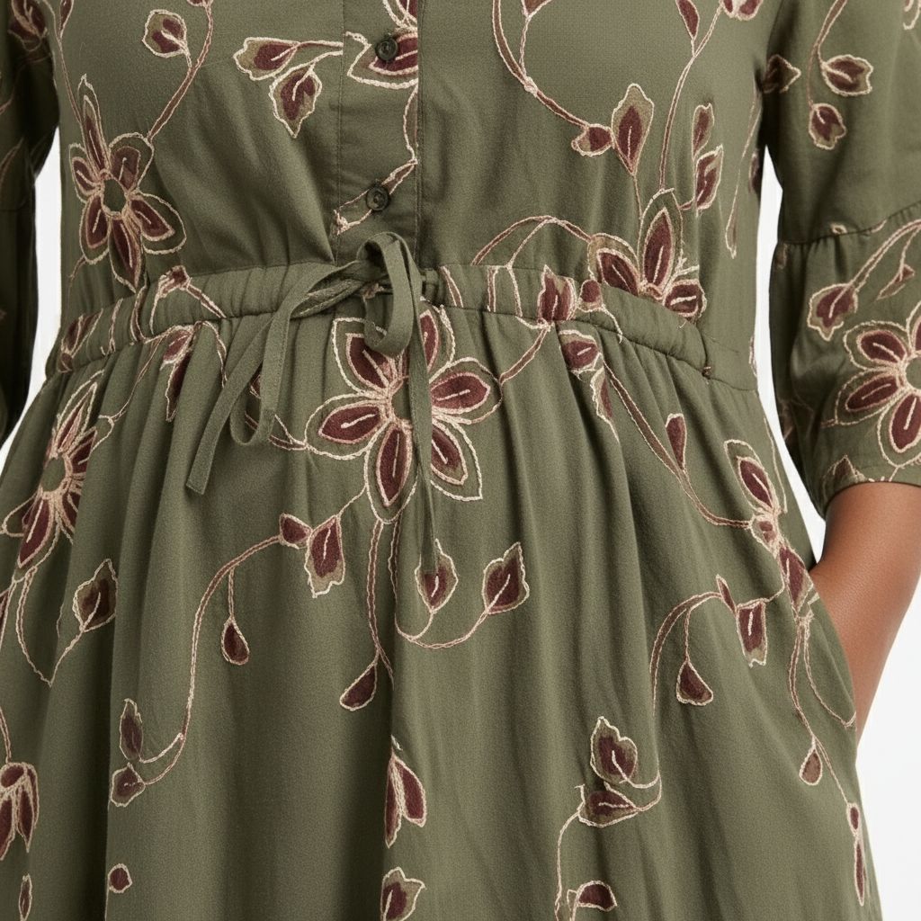 Olive Floral Drawstring Maxi Dress