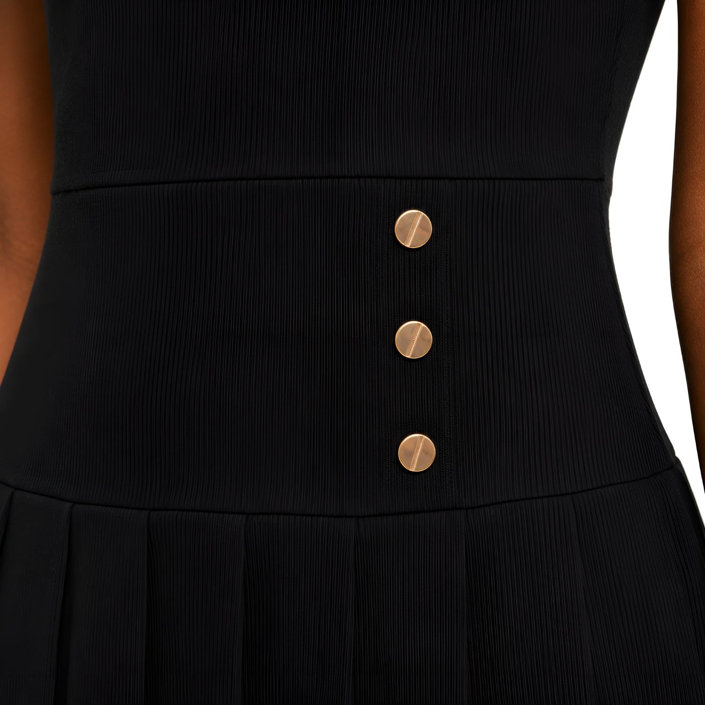 Collared Knit Pleated Dress – Black