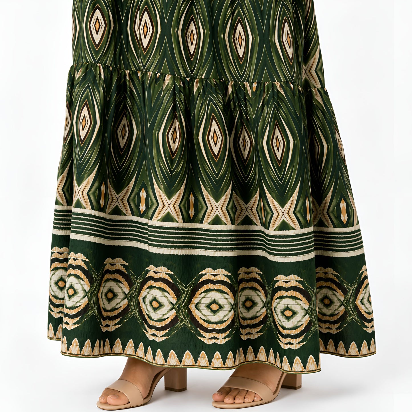 Green Ikat Print Smocked Maxi Dress