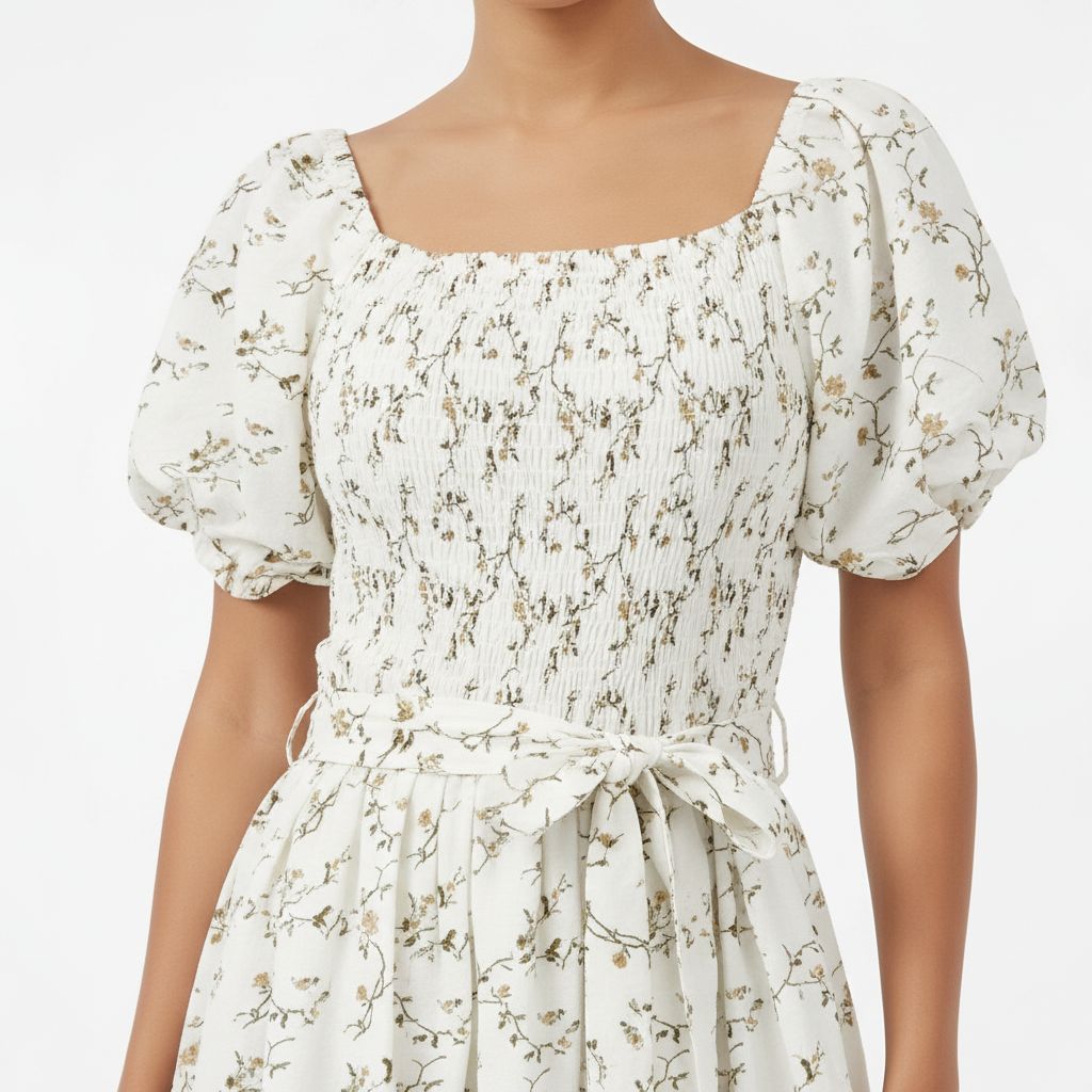 Floral dress with puff sleeves on a white background
