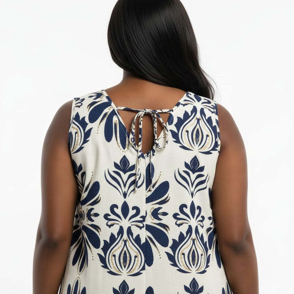 Bohemian Sleeveless Linen-Blend Navy/Cream Midi Dress