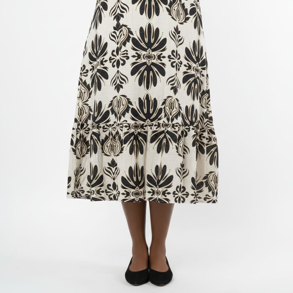 Bohemian Sleeveless Linen-Blend Black/Cream Midi Dress