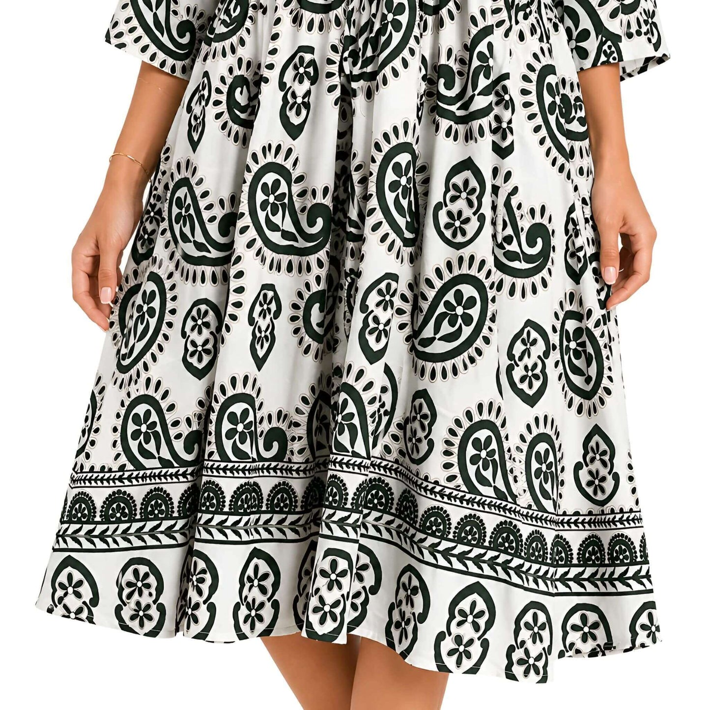 Paisley V-Neck Midi Dress - Green