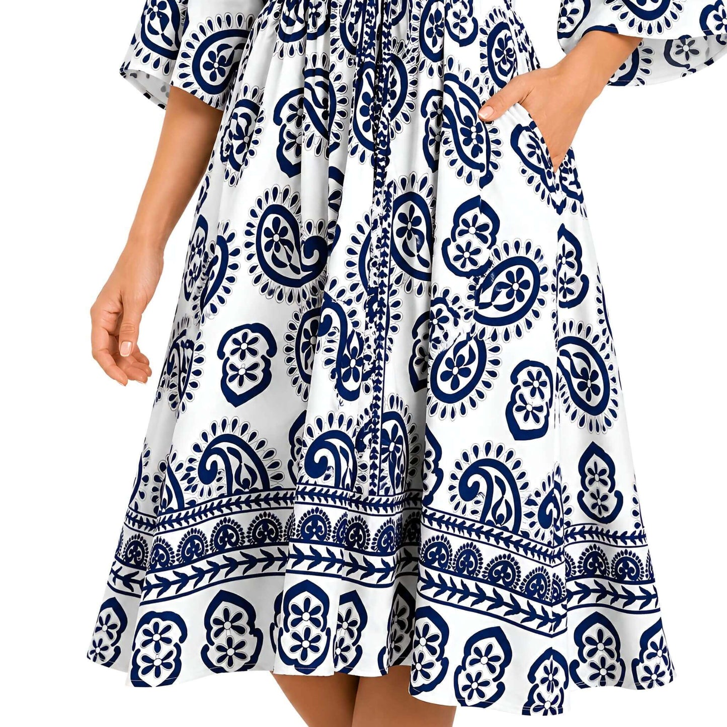 Paisley V-Neck Midi Dress - Navy