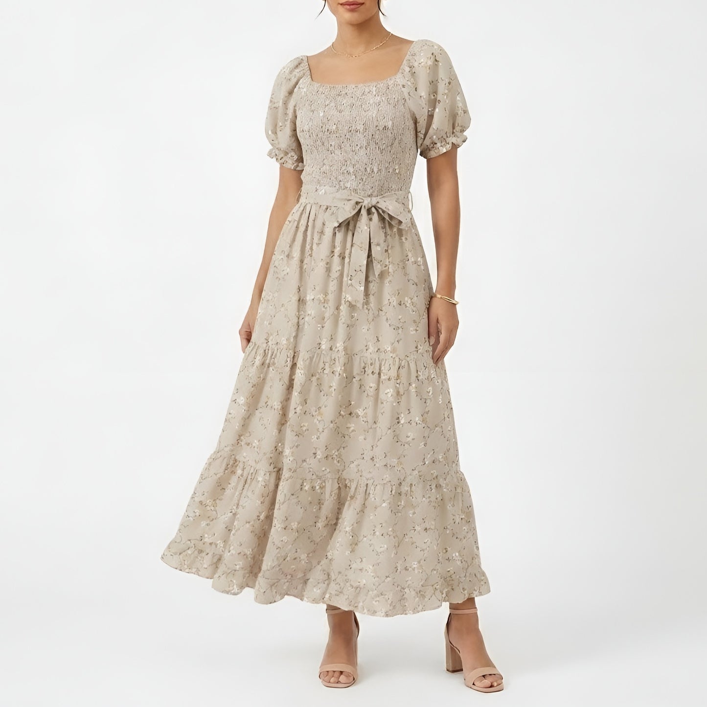 Sandstone Floral Smocked Tiered Maxi Dress
