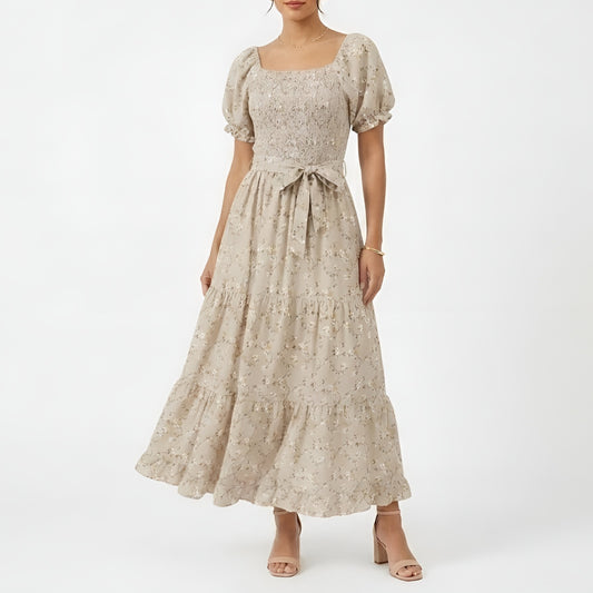 Sandstone Floral Smocked Tiered Maxi Dress