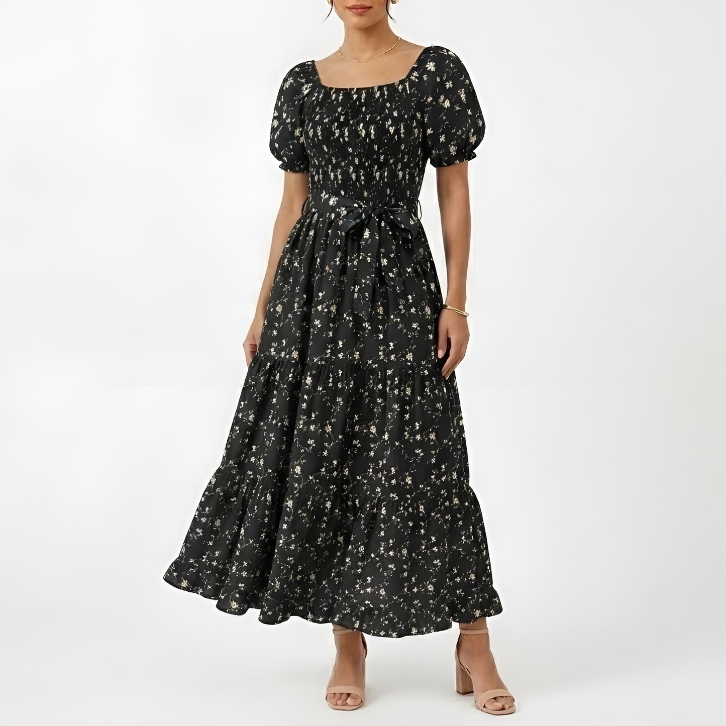 Black Floral Smocked Tiered Maxi Dress