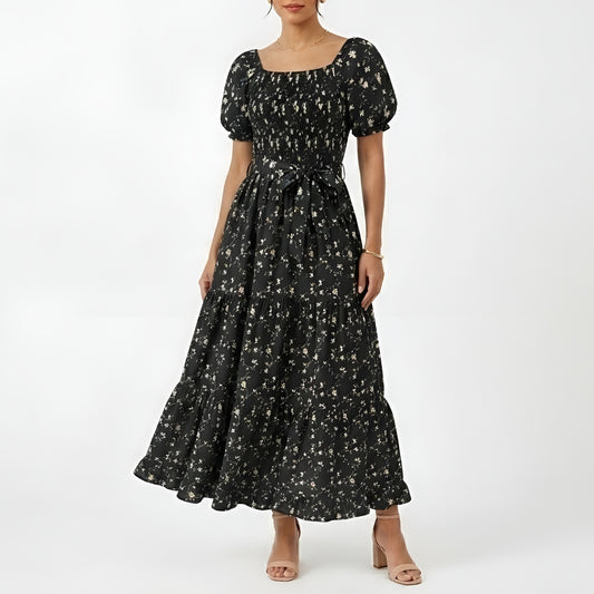 Black Floral Smocked Tiered Maxi Dress