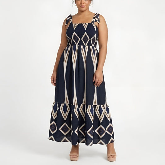 Bohemian Smocked Maxi Dress - Navy/Tan