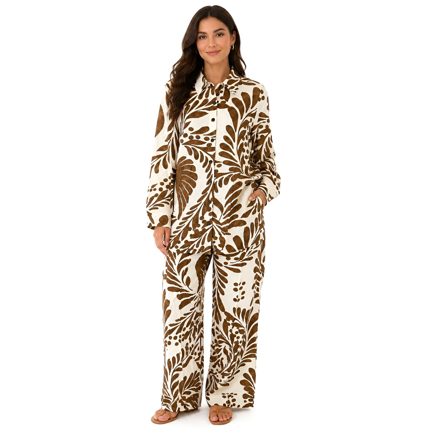 2-Piece Brown Long Sleeve Printed Set