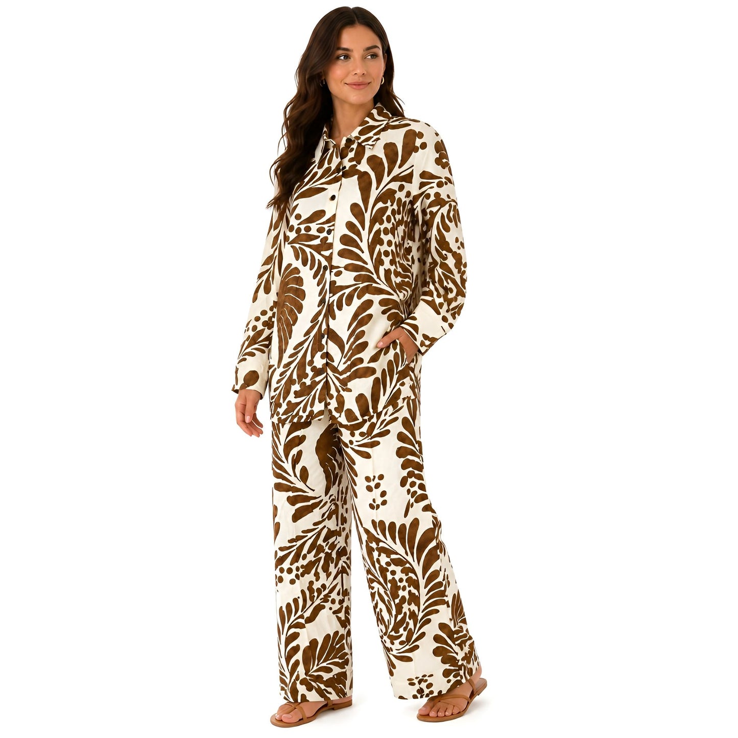 2-Piece Brown Long Sleeve Printed Set