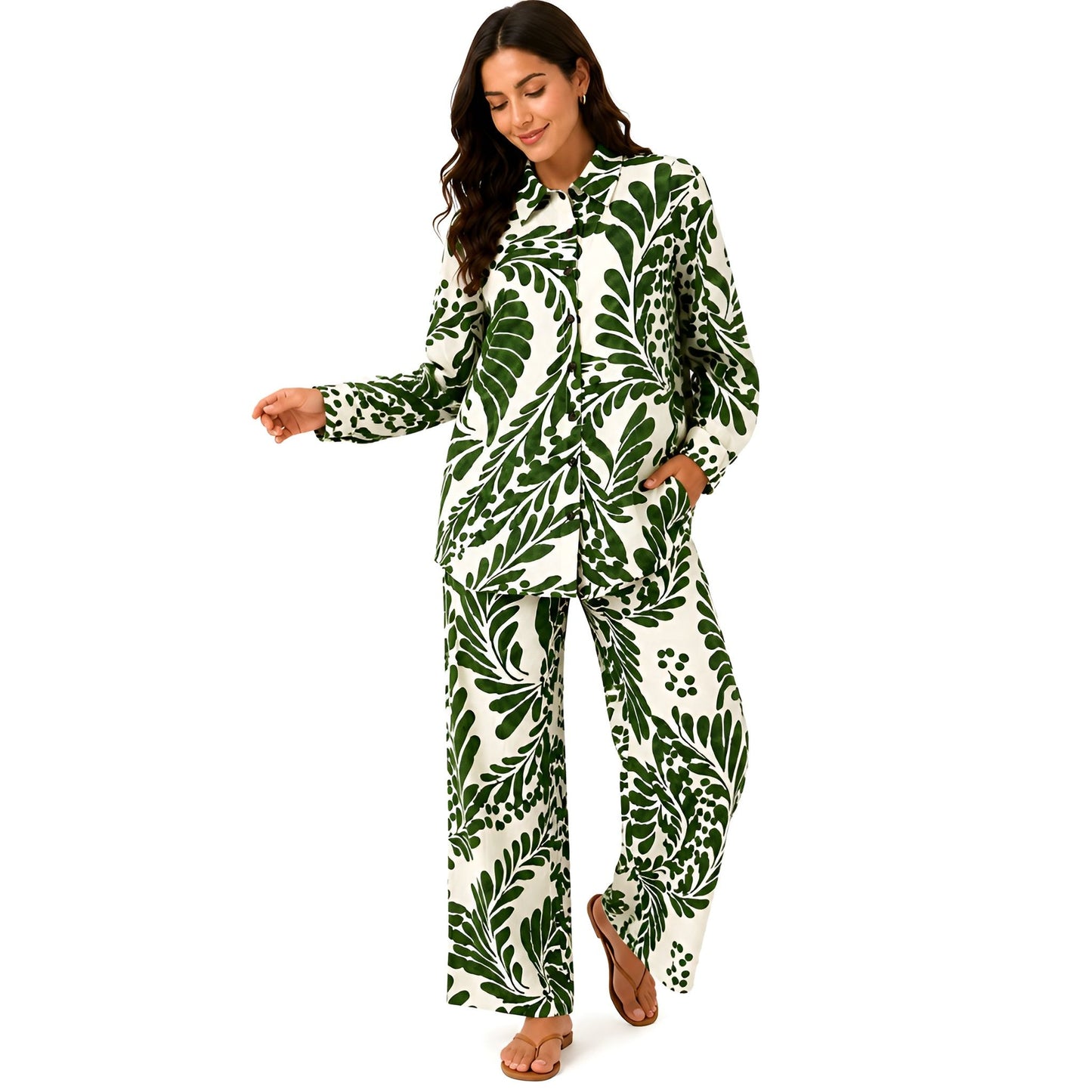 2-Piece Green Long Sleeve Printed Set
