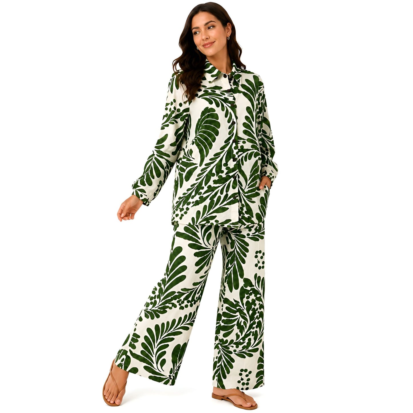 2-Piece Green Long Sleeve Printed Set