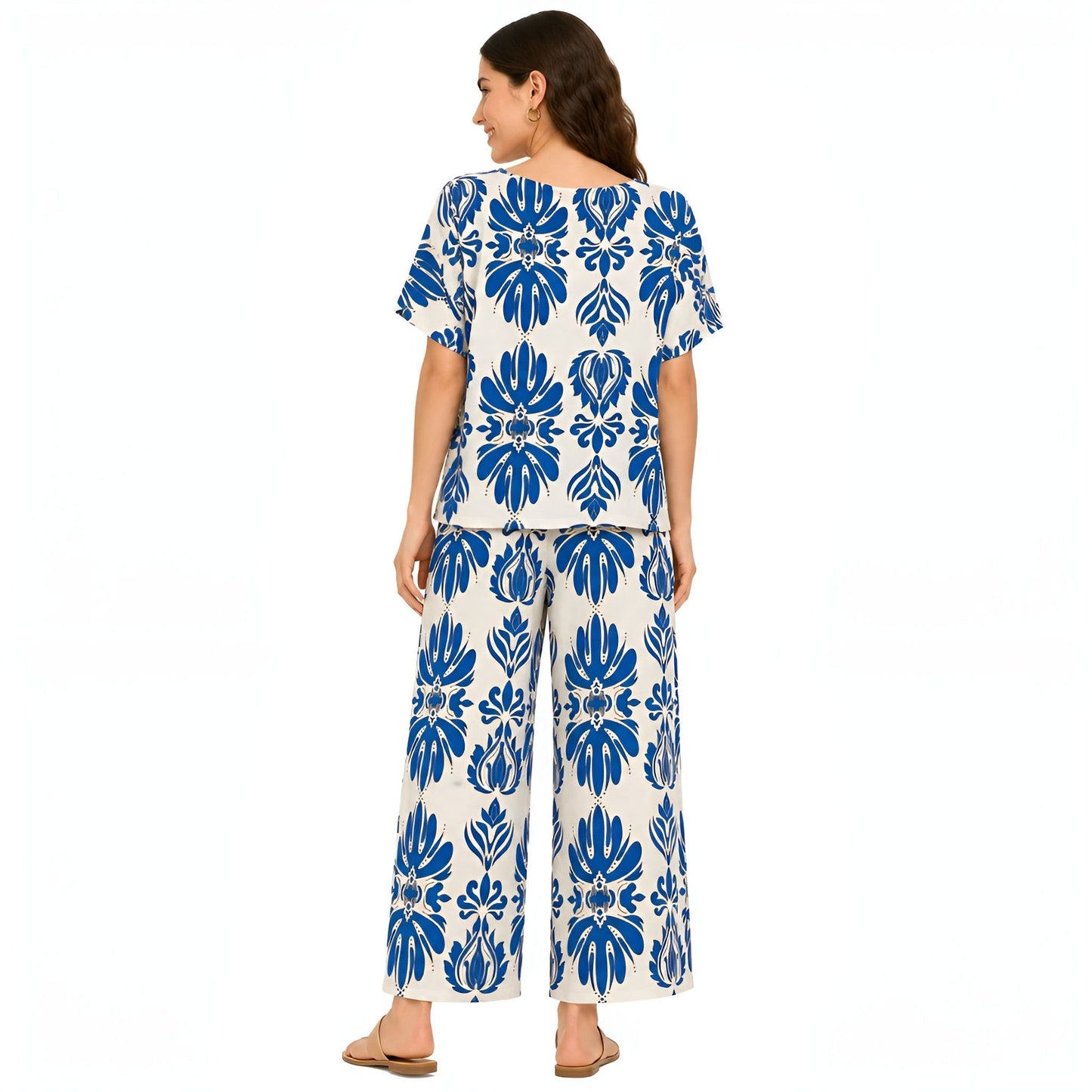 2-Piece Blue Short Sleeve Printed Set