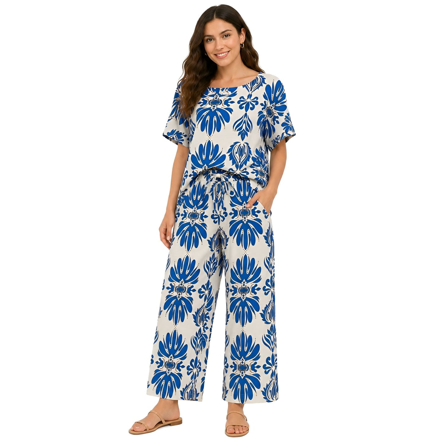 2-Piece Blue Short Sleeve Printed Set