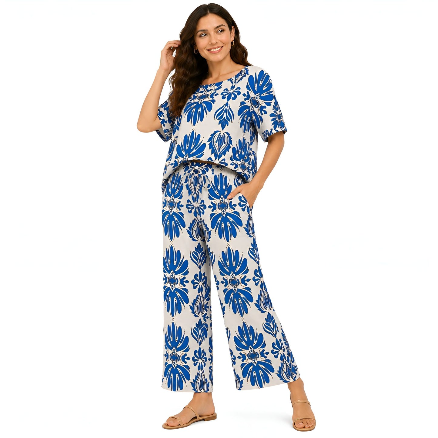 2-Piece Blue Short Sleeve Printed Set