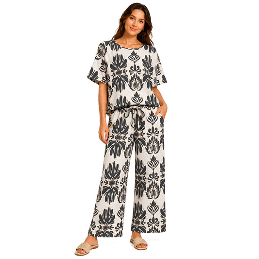 2-Piece Charcoal Short Sleeve Printed Set