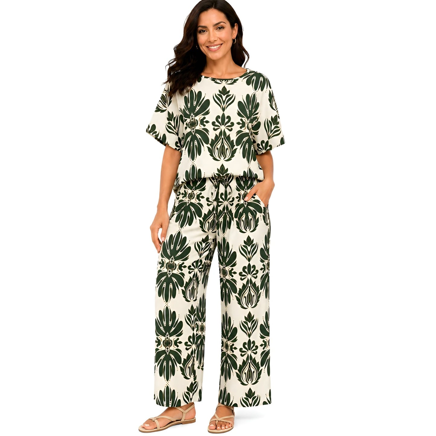 2-Piece Green Short Sleeve Printed Set