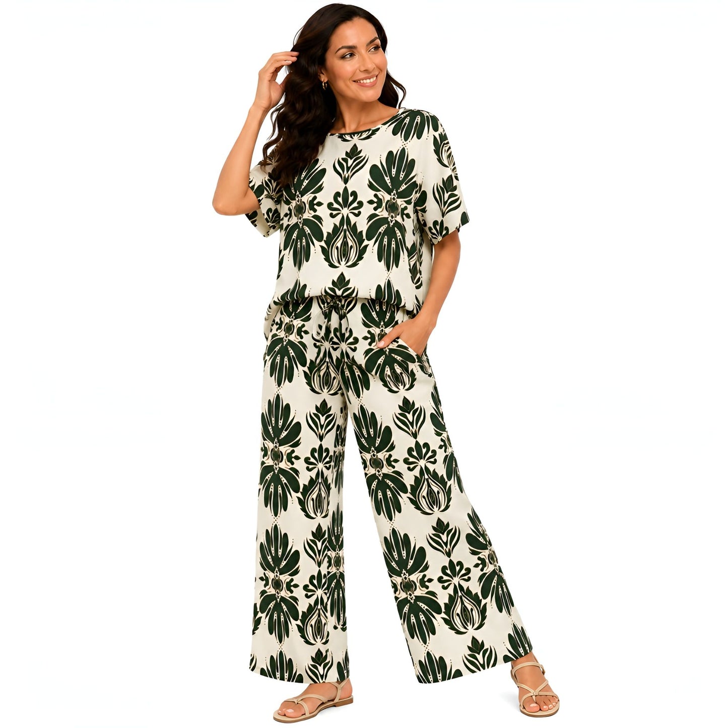 2-Piece Green Short Sleeve Printed Set