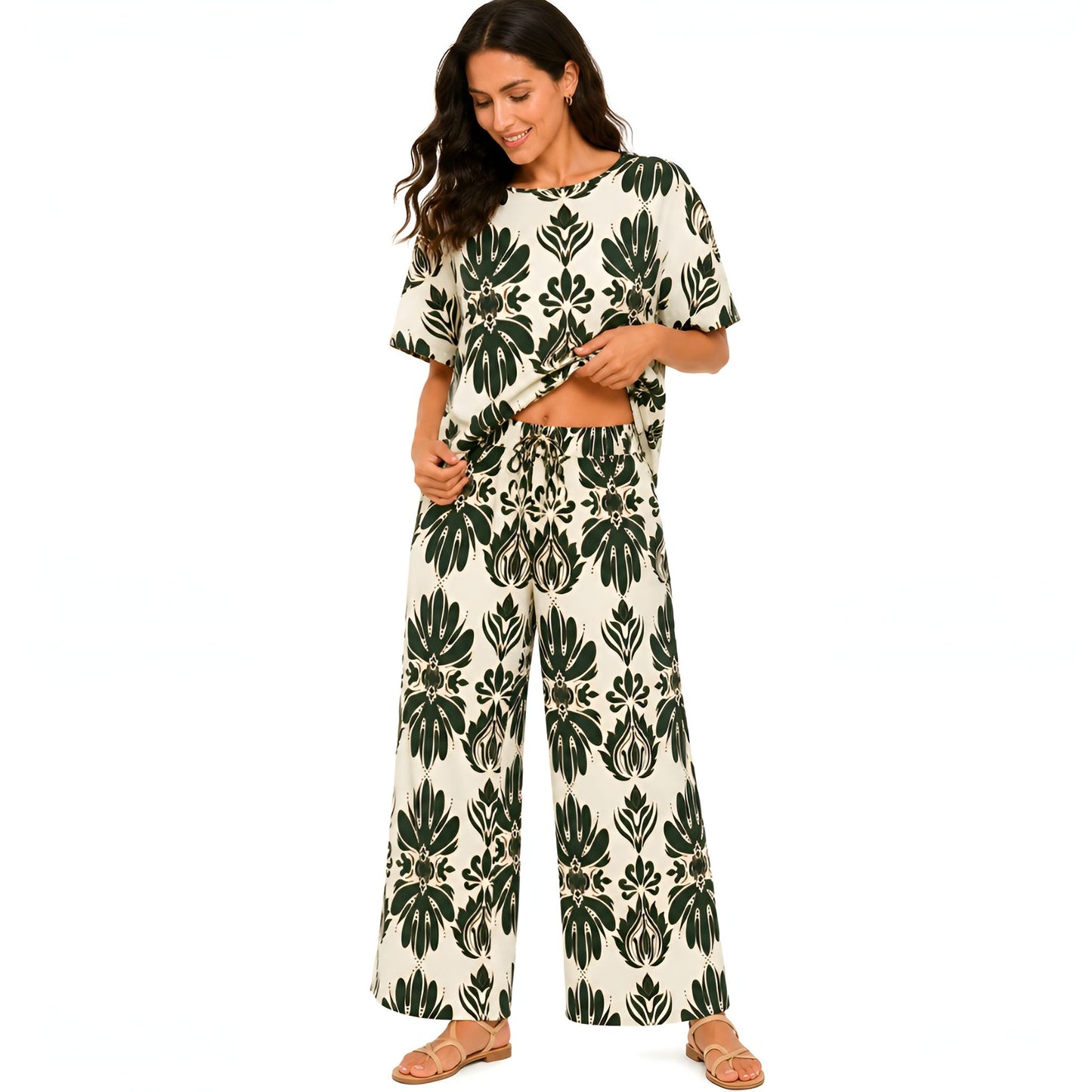 2-Piece Green Short Sleeve Printed Set