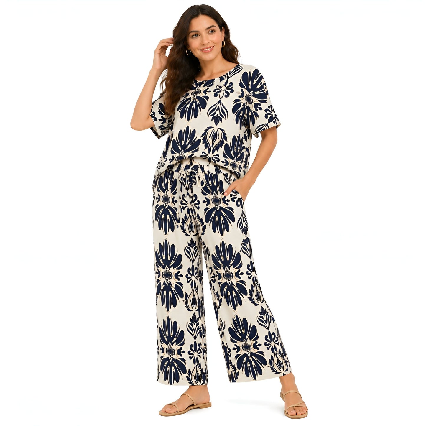 2-Piece Navy Short Sleeve Printed Set