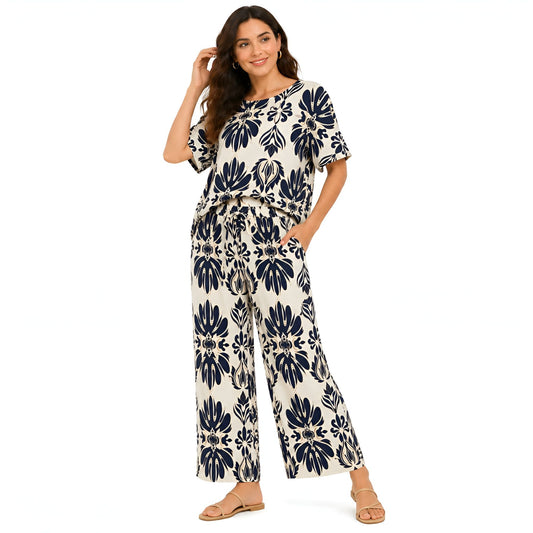 2-Piece Navy Short Sleeve Printed Set