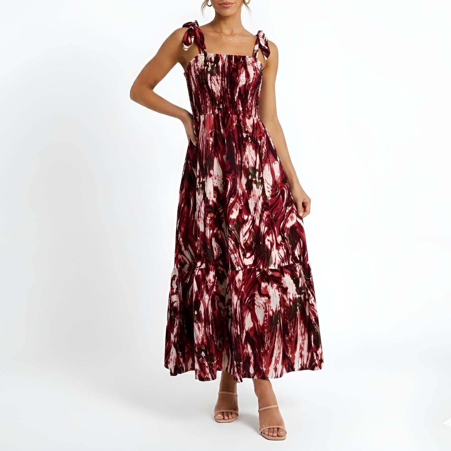 Maroon Abstract Print Maxi Dress