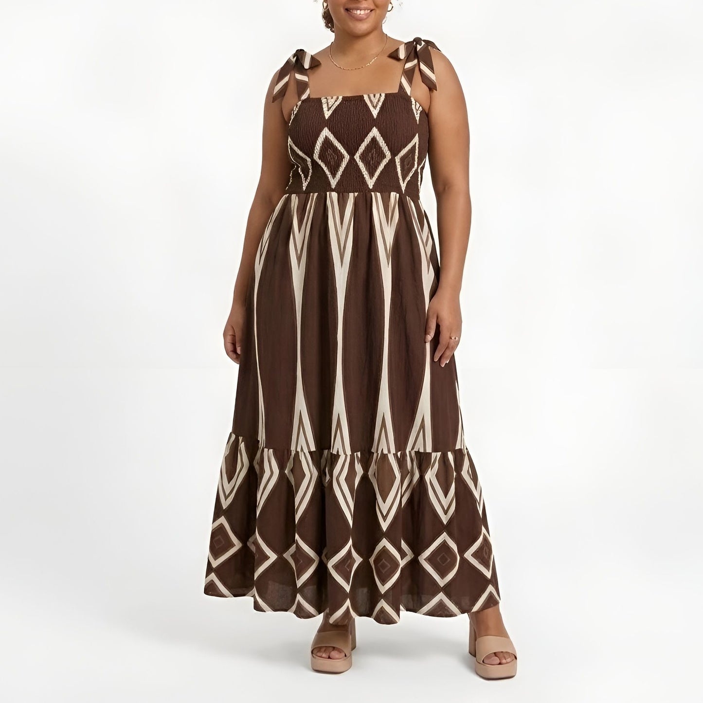 Bohemian Smocked Maxi Dress - Chocolate/Cream