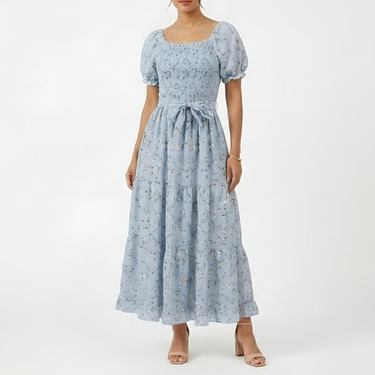 Light Blue Floral Smocked Maxi Dress