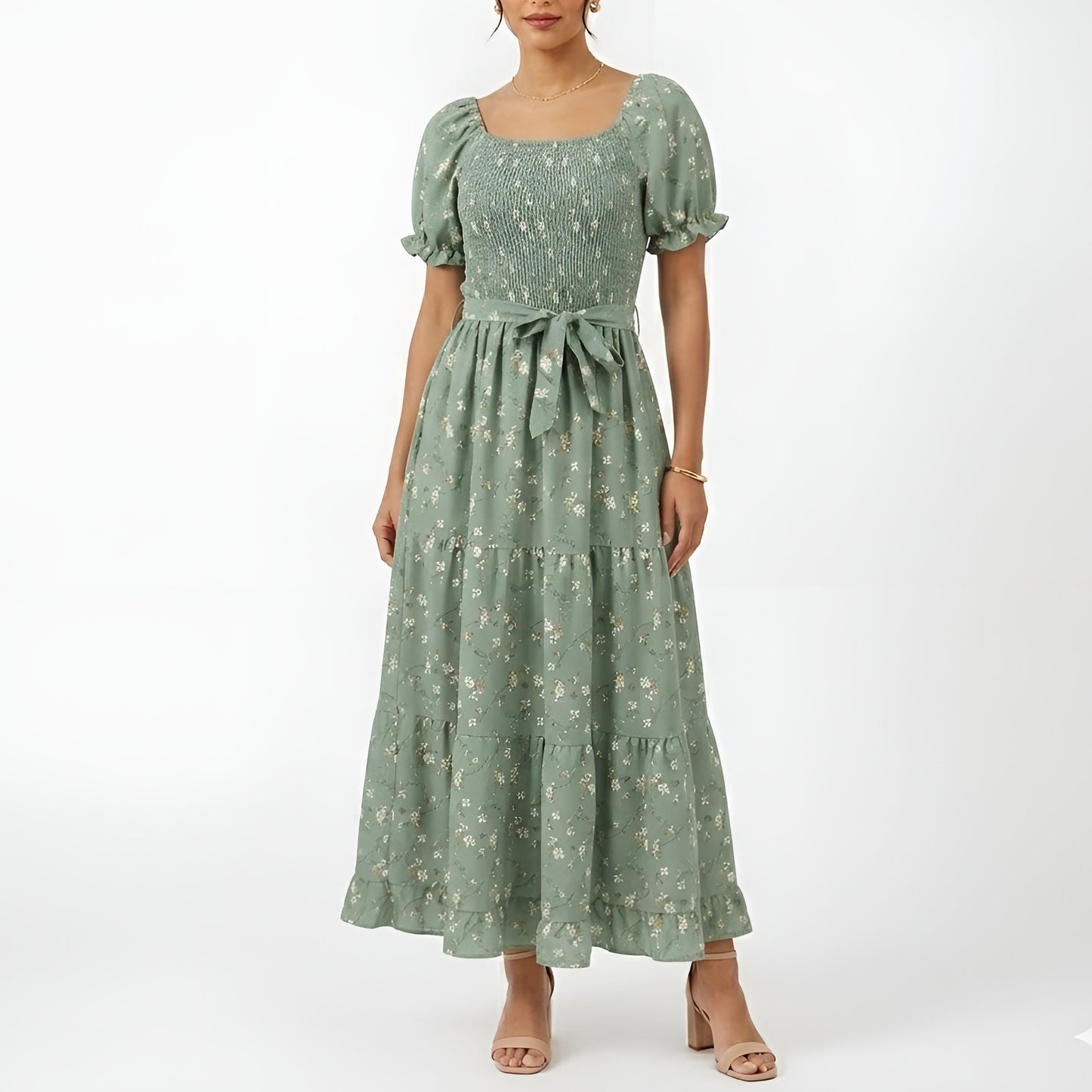 Sage Green Floral Tiered Maxi Dress