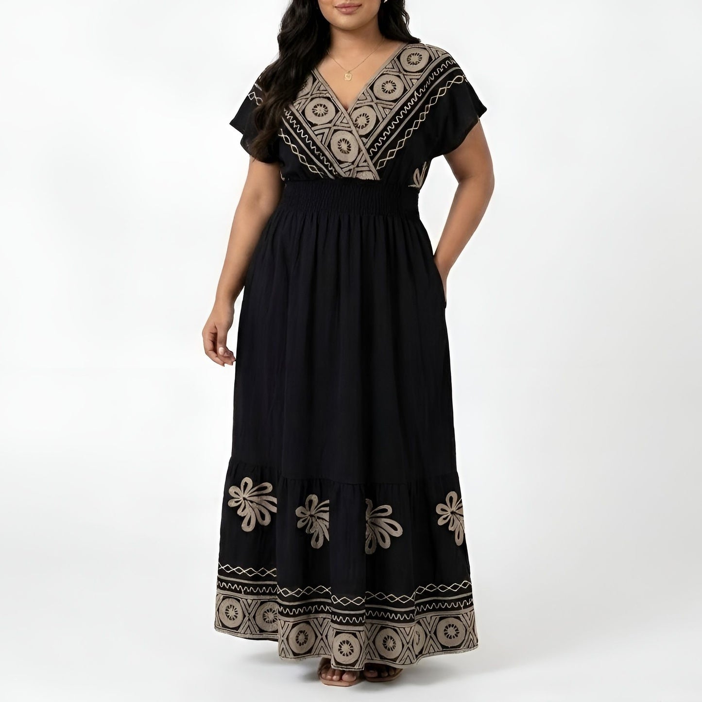 Black/Gold Embroidered Maxi Dress