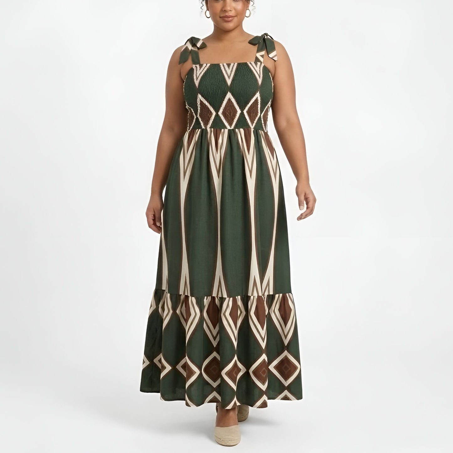 Bohemian Smocked Maxi Dress - Olive/Brown