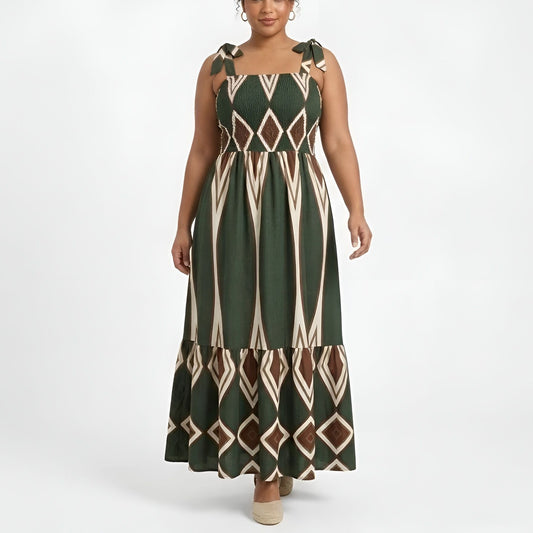 Bohemian Smocked Maxi Dress - Olive/Brown