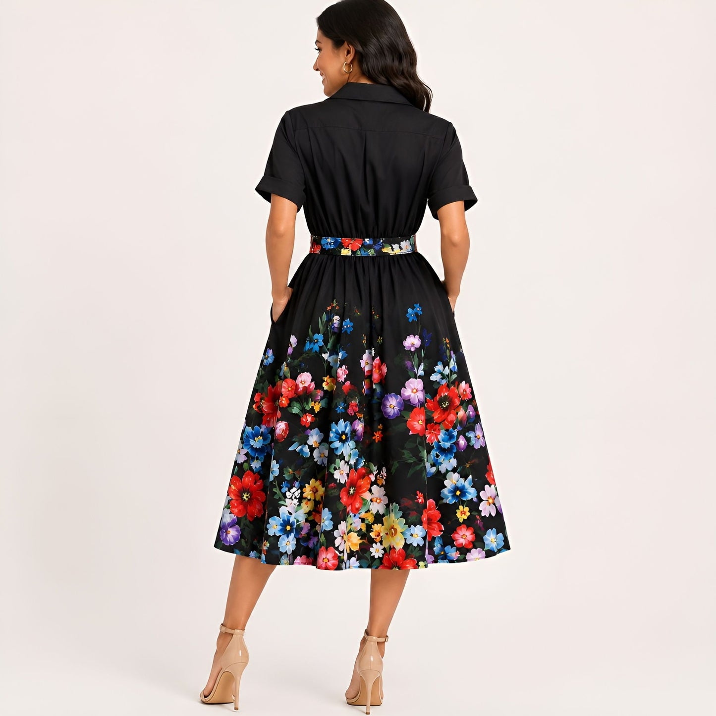 Floral Midi Shirt Dress - Black