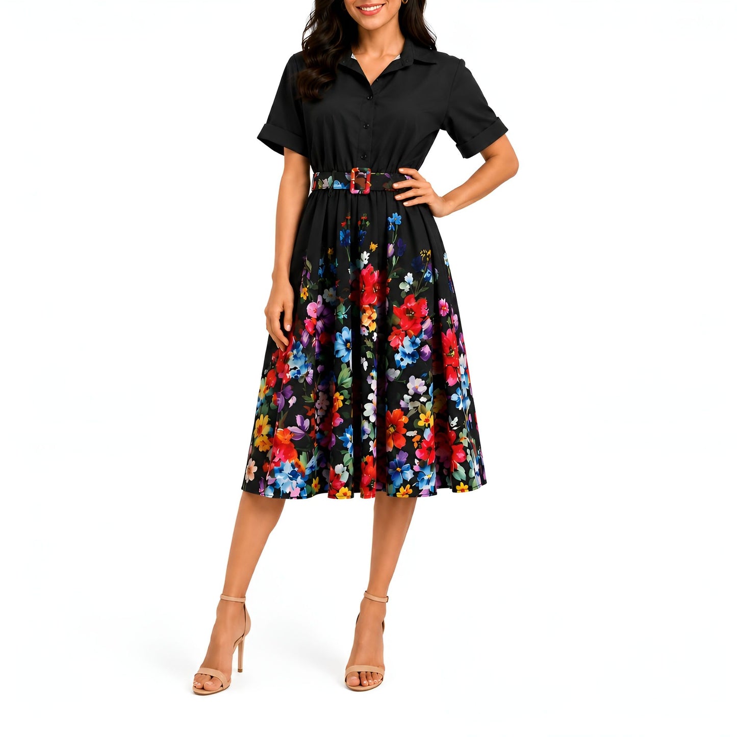 Floral Midi Shirt Dress - Black