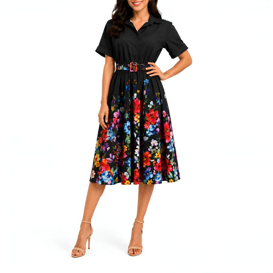 Floral Midi Shirt Dress - Black