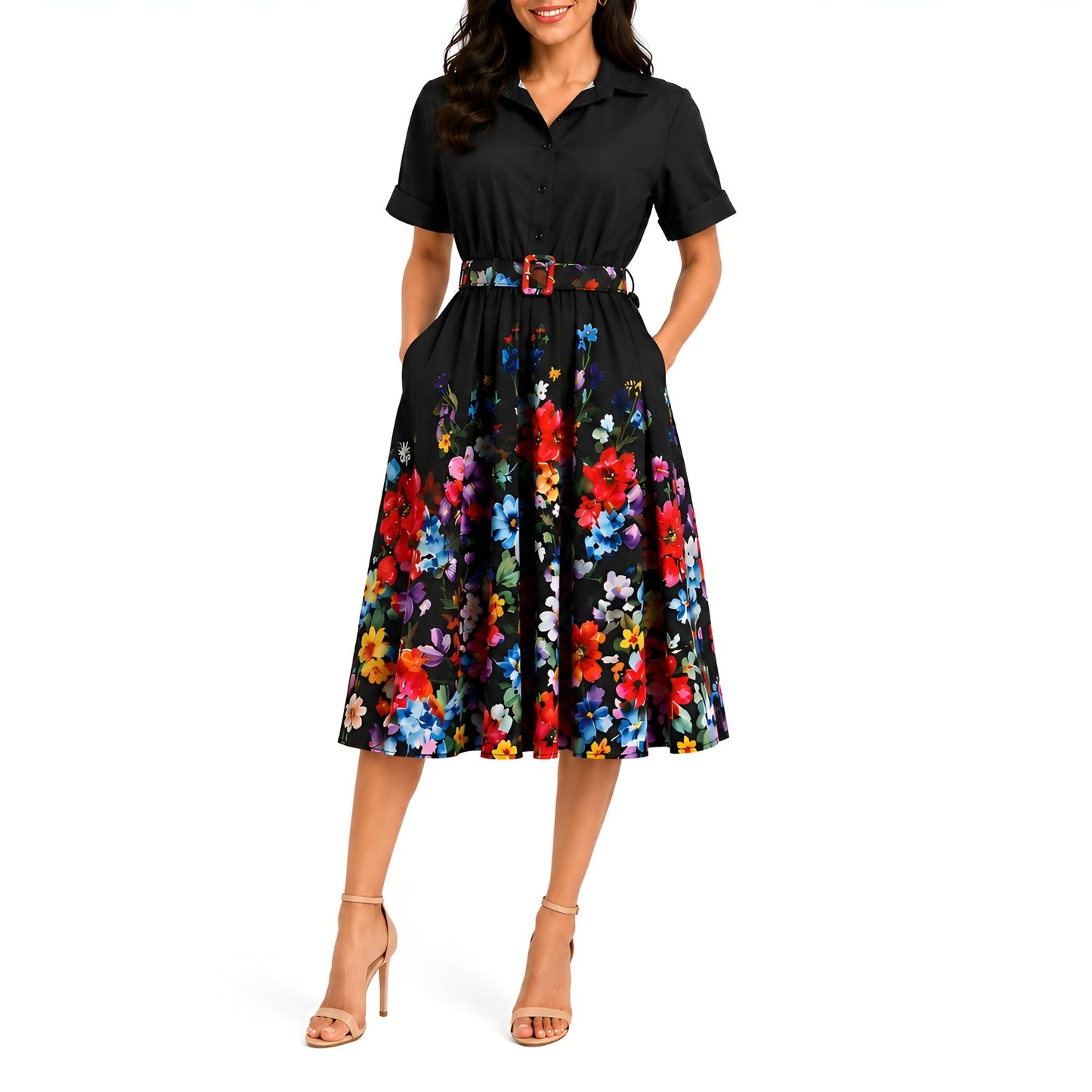 Floral Midi Shirt Dress - Black