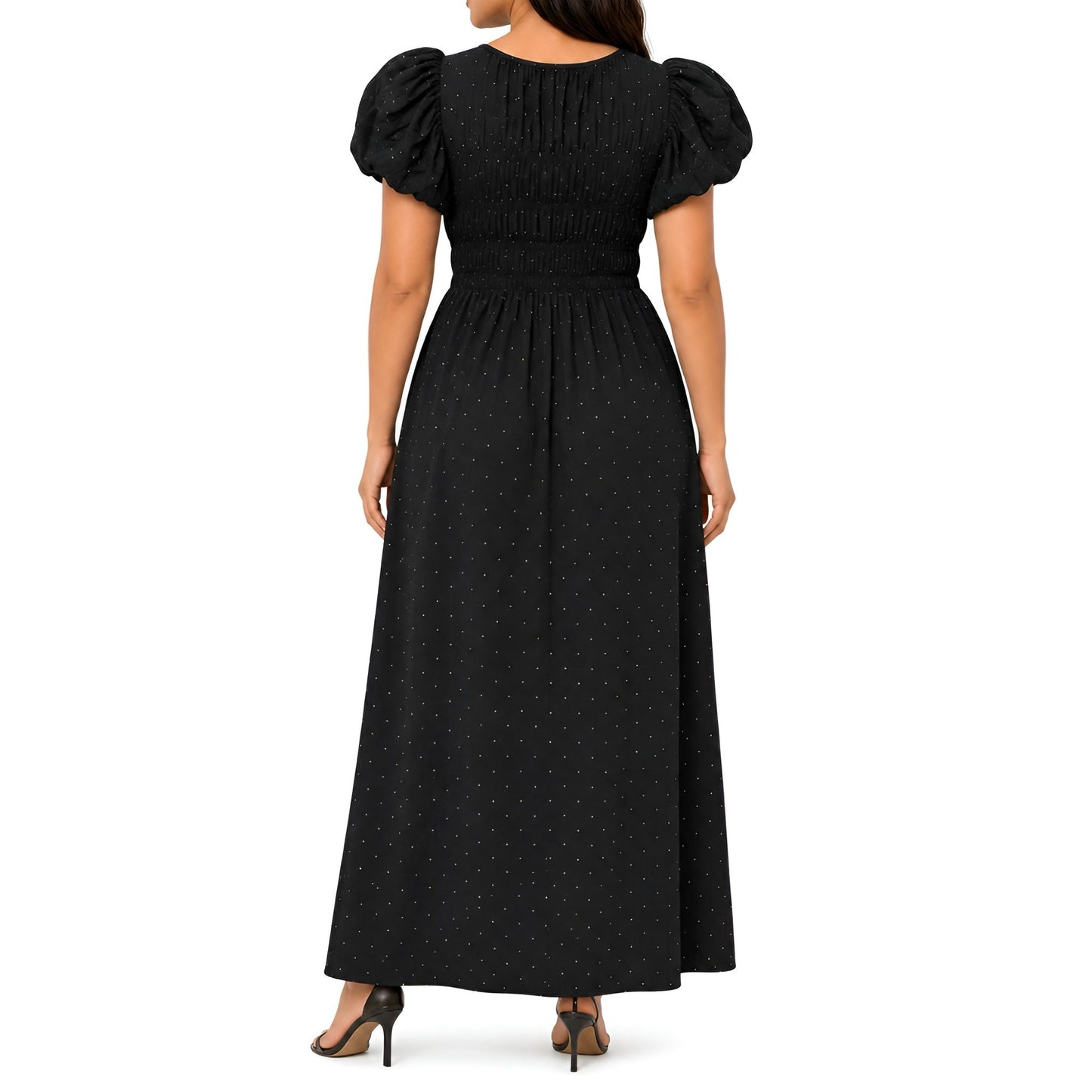Black Rhinestone Puff Sleeve Maxi Dress