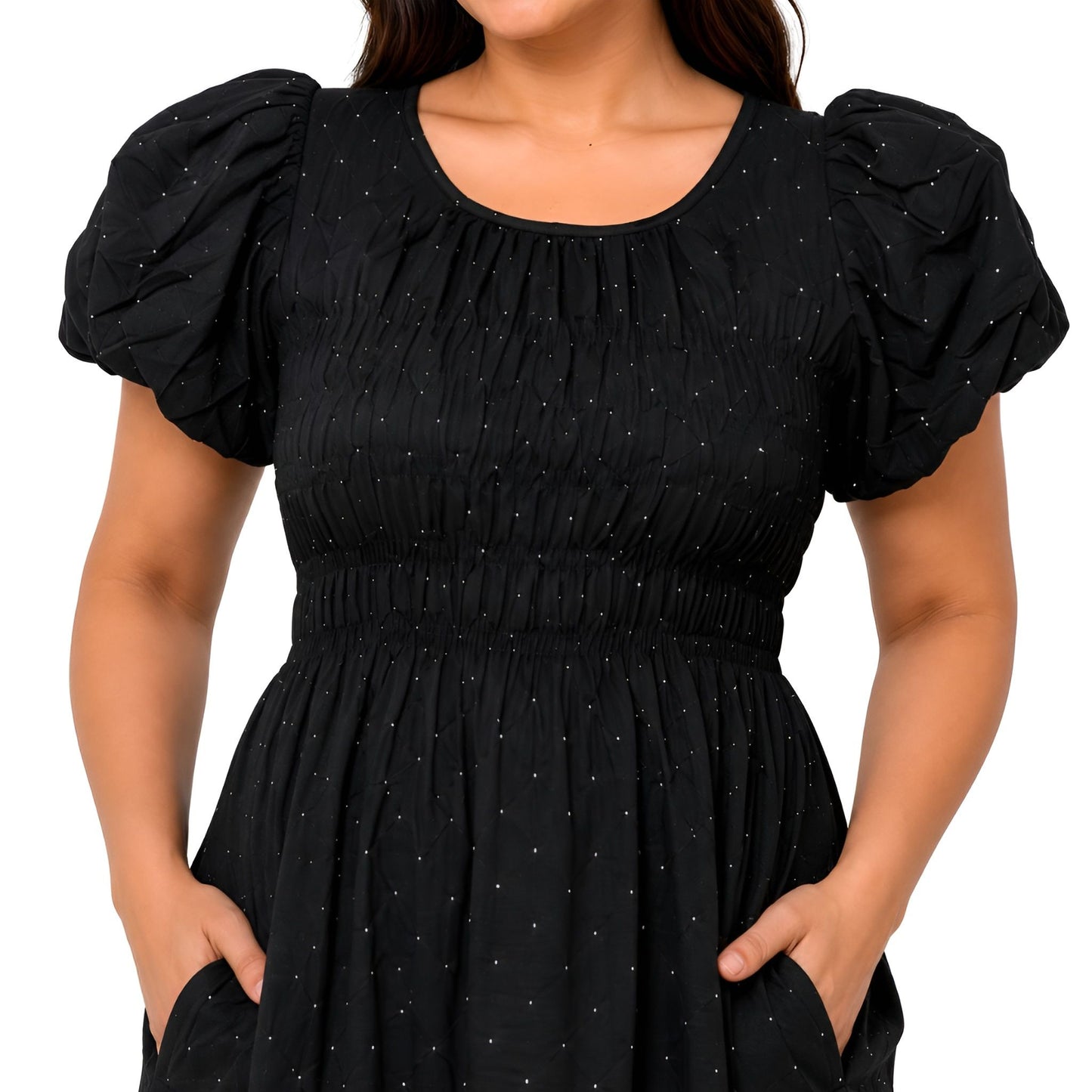 Black Rhinestone Puff Sleeve Maxi Dress