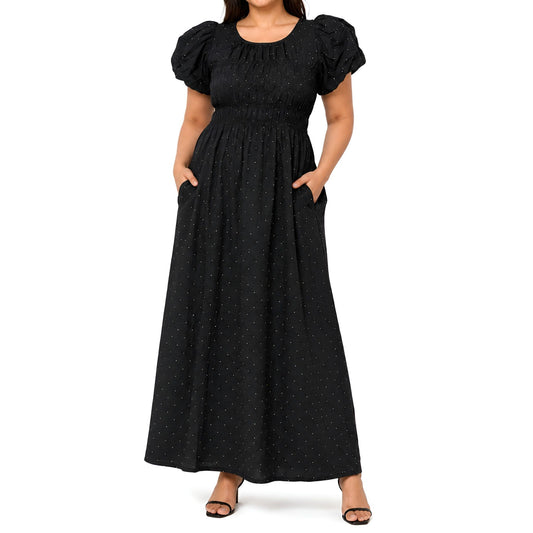 Black Rhinestone Puff Sleeve Maxi Dress