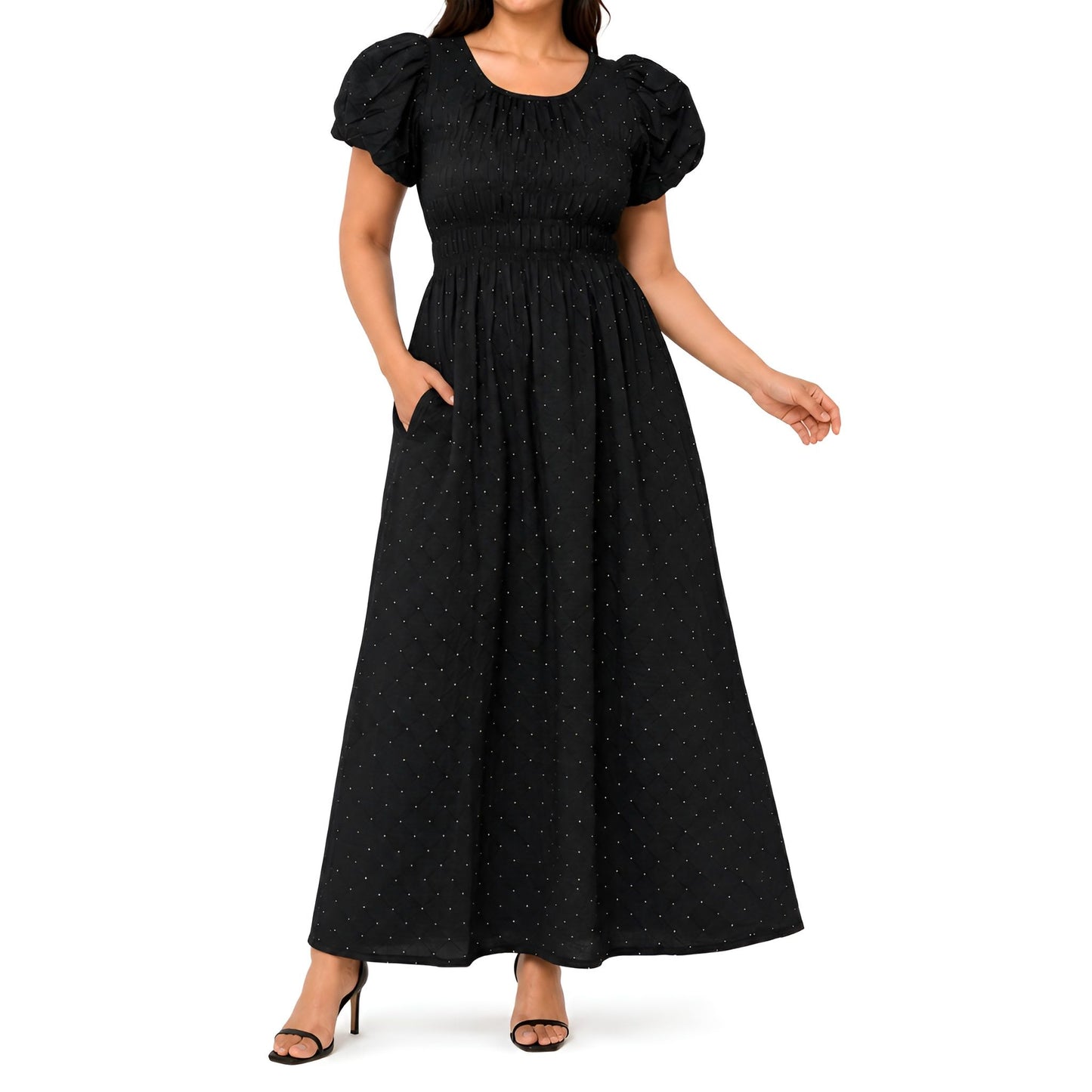 Black Rhinestone Puff Sleeve Maxi Dress