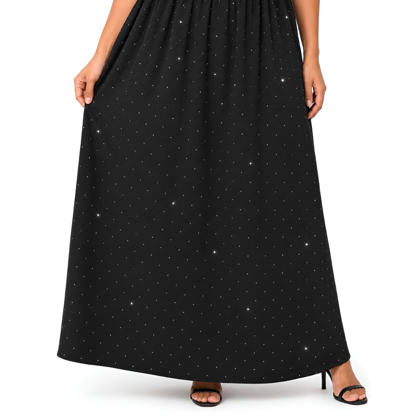 Black Rhinestone Puff Sleeve Maxi Dress