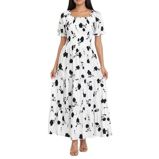 Black & White Floral Smocked Maxi Dress