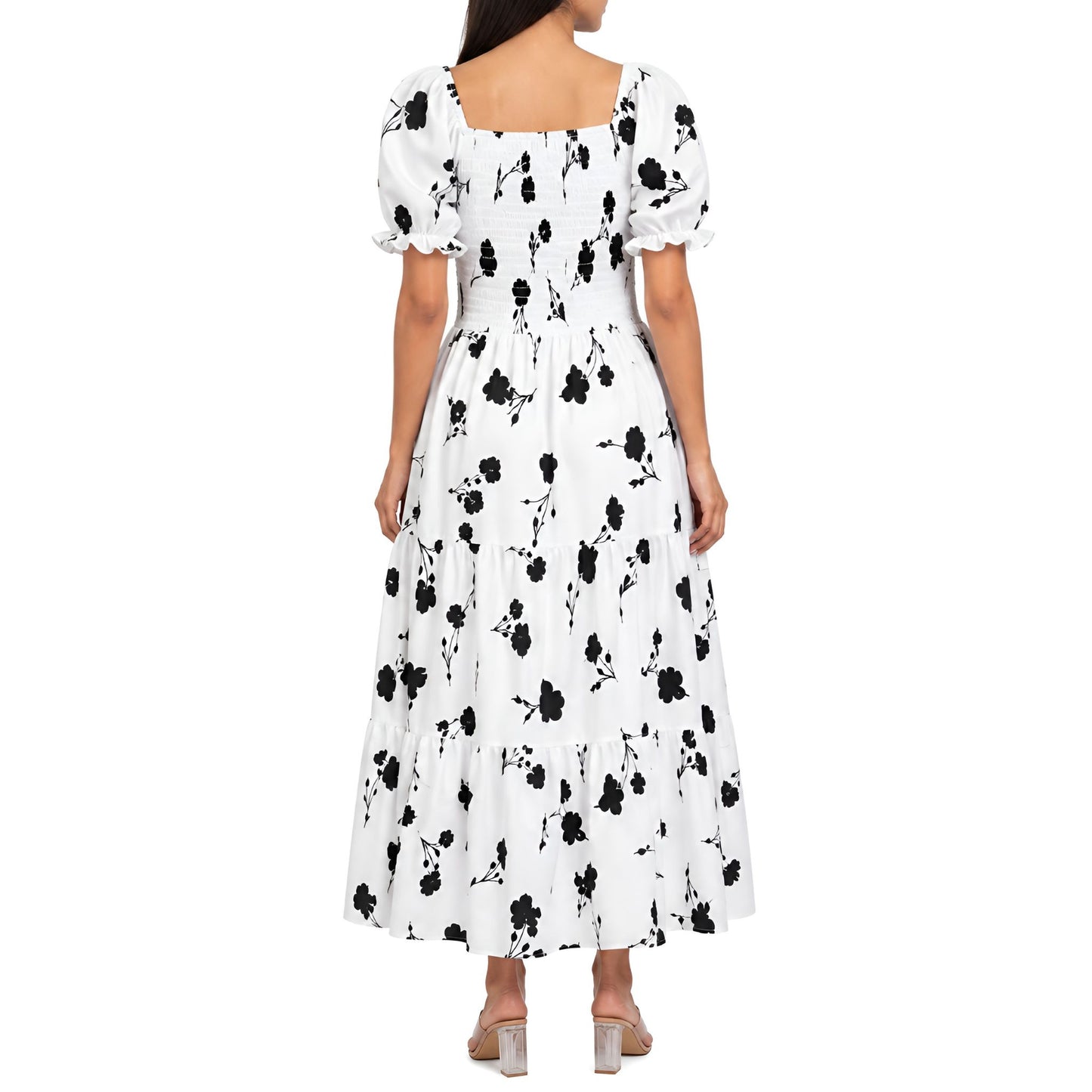 Black & White Floral Smocked Maxi Dress