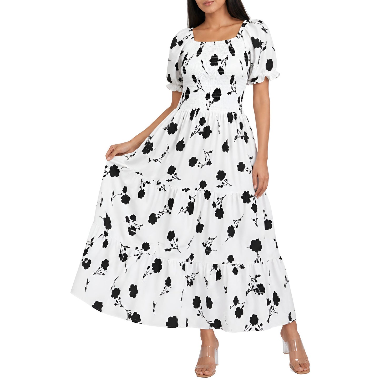 Black & White Floral Smocked Maxi Dress