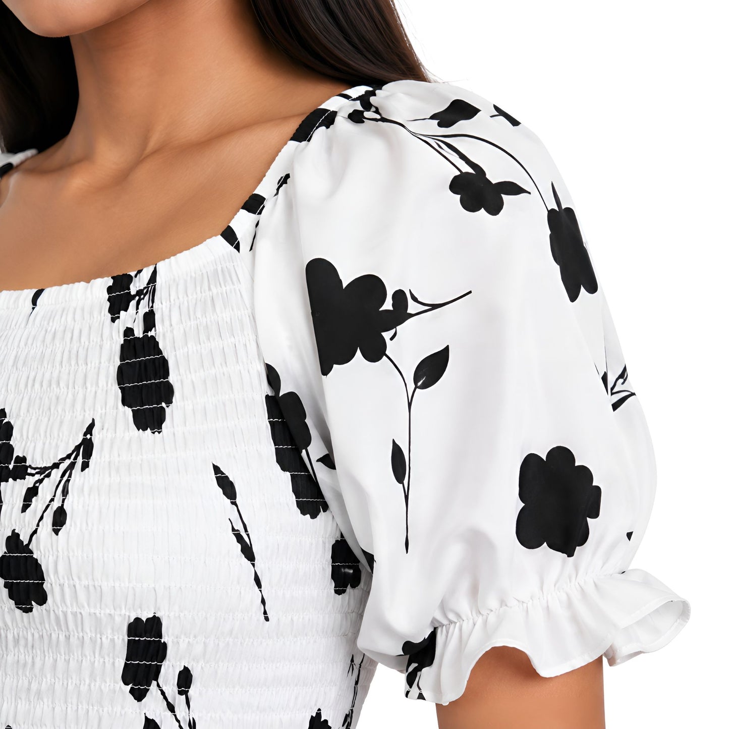 Black & White Floral Smocked Maxi Dress