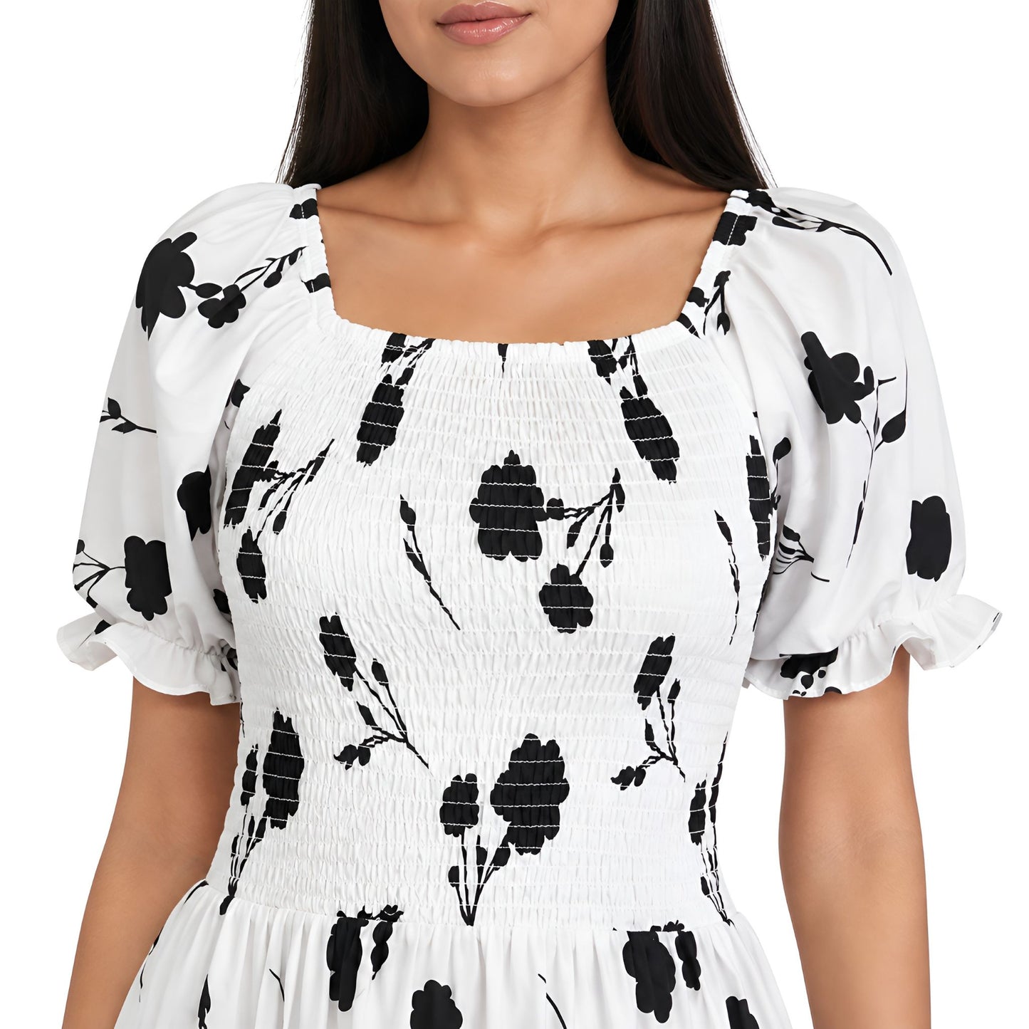 Black & White Floral Smocked Maxi Dress