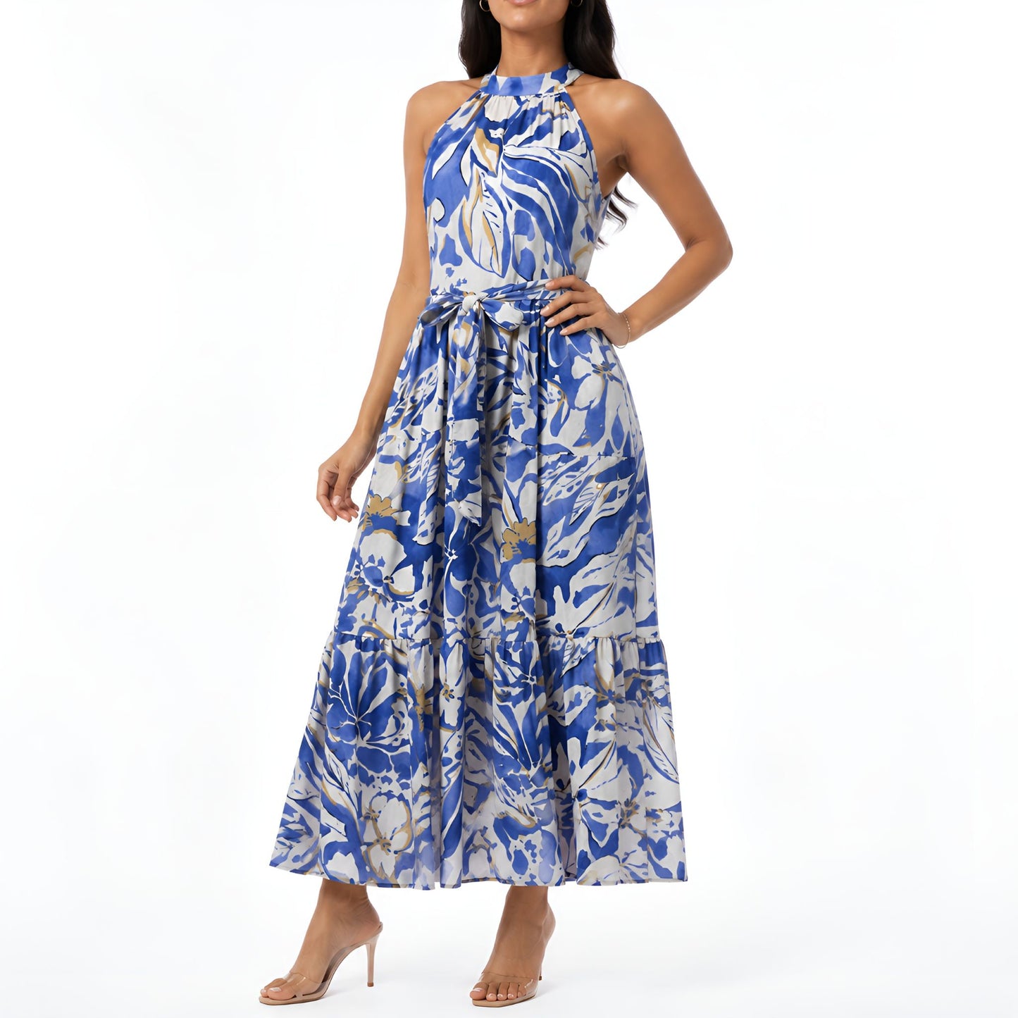 Blue Floral Halter Neck Maxi Dress