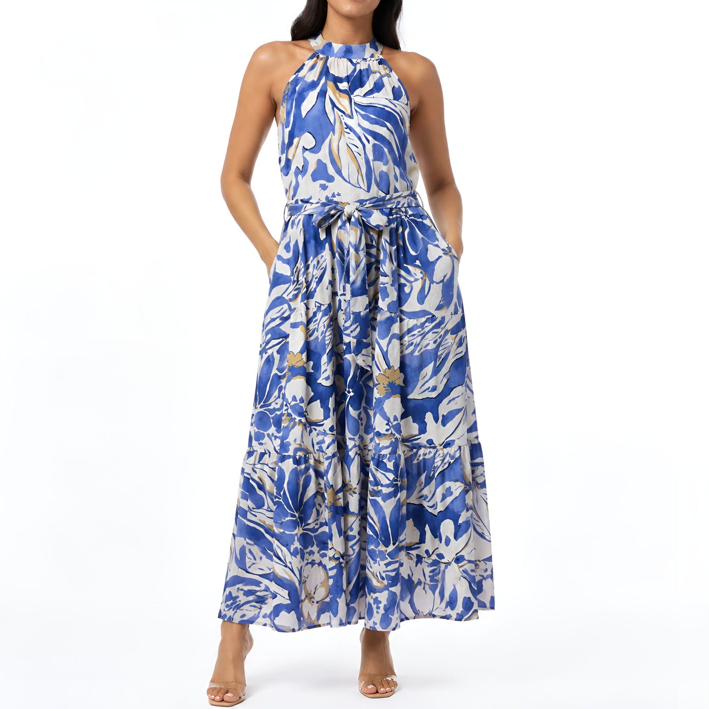 Blue Floral Halter Neck Maxi Dress
